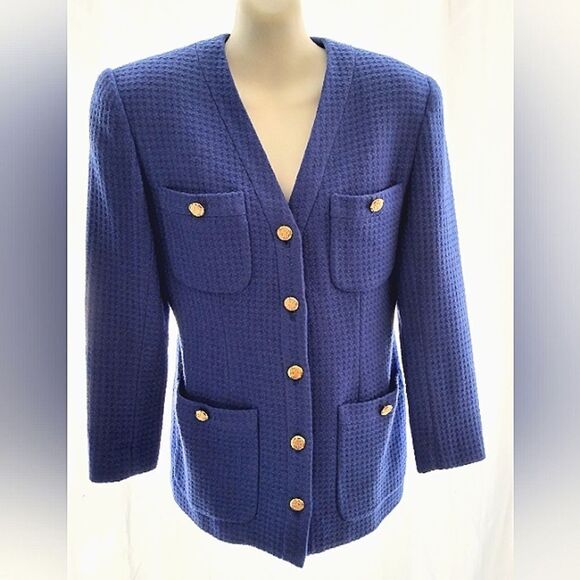 Vintage Ports International Trademark Wool-blend royal blue blazer lady Jacket - Picture 3 of 17